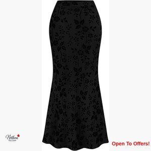 Floral Mesh Maxi Skirt High Waisted Mermaid Stretchy Flocked Mesh